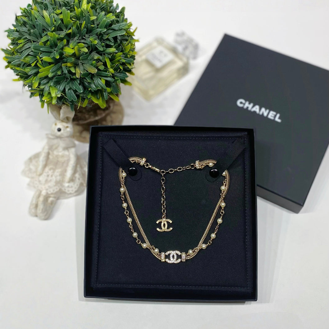No.4482-Chanel Metal Pearl & Crystal Coco Mark Necklace (Unused/ 未使用品)