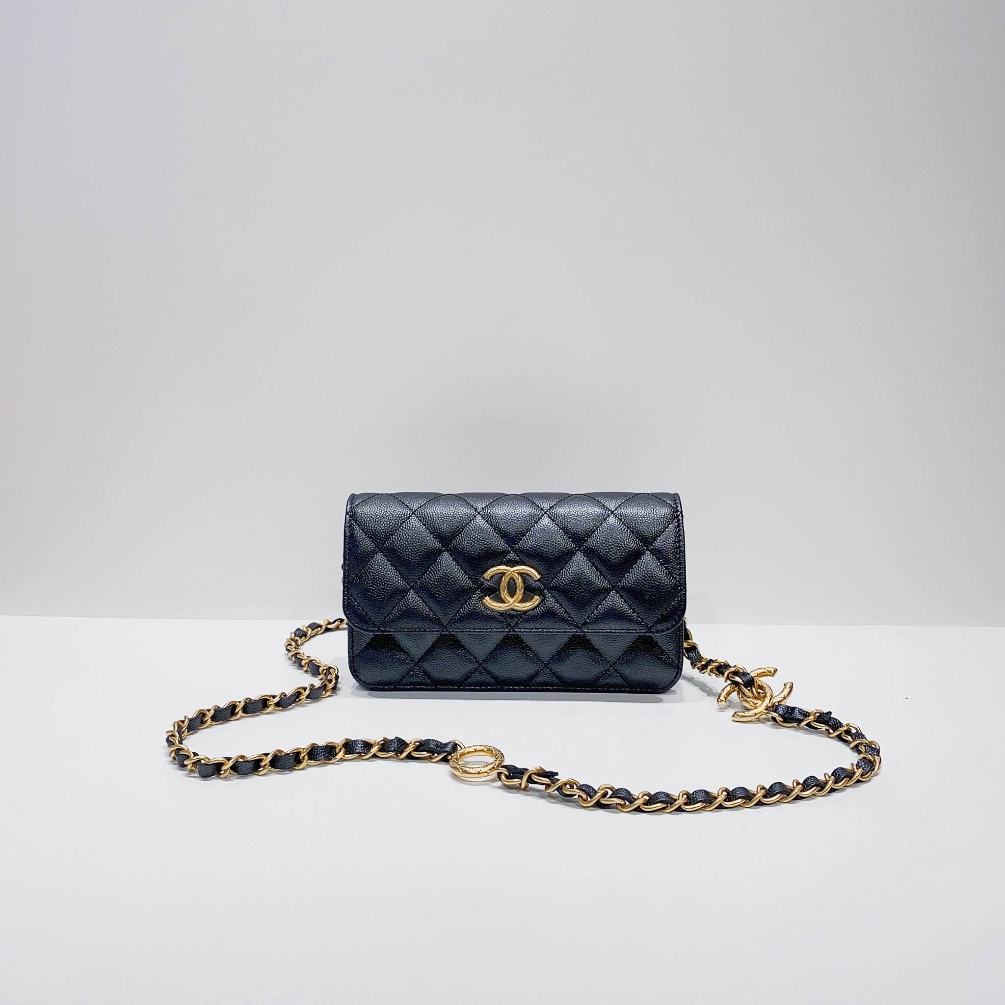 Chanel 21S Black Caviar Wallet/Phone Holder on Chain with Champagne Gold  Hardware 