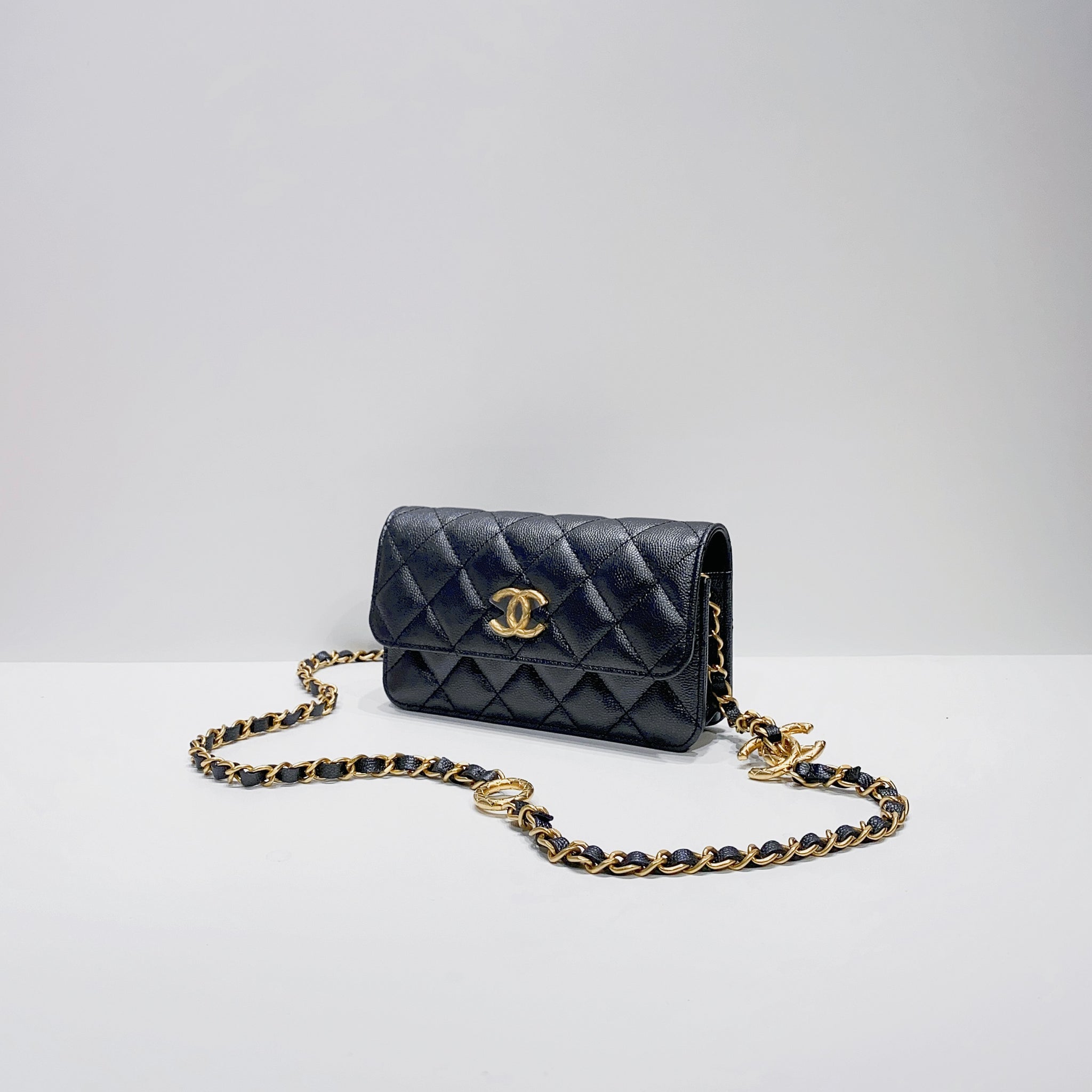 Chanel Black Quilted Caviar Phone Holder Crossbody