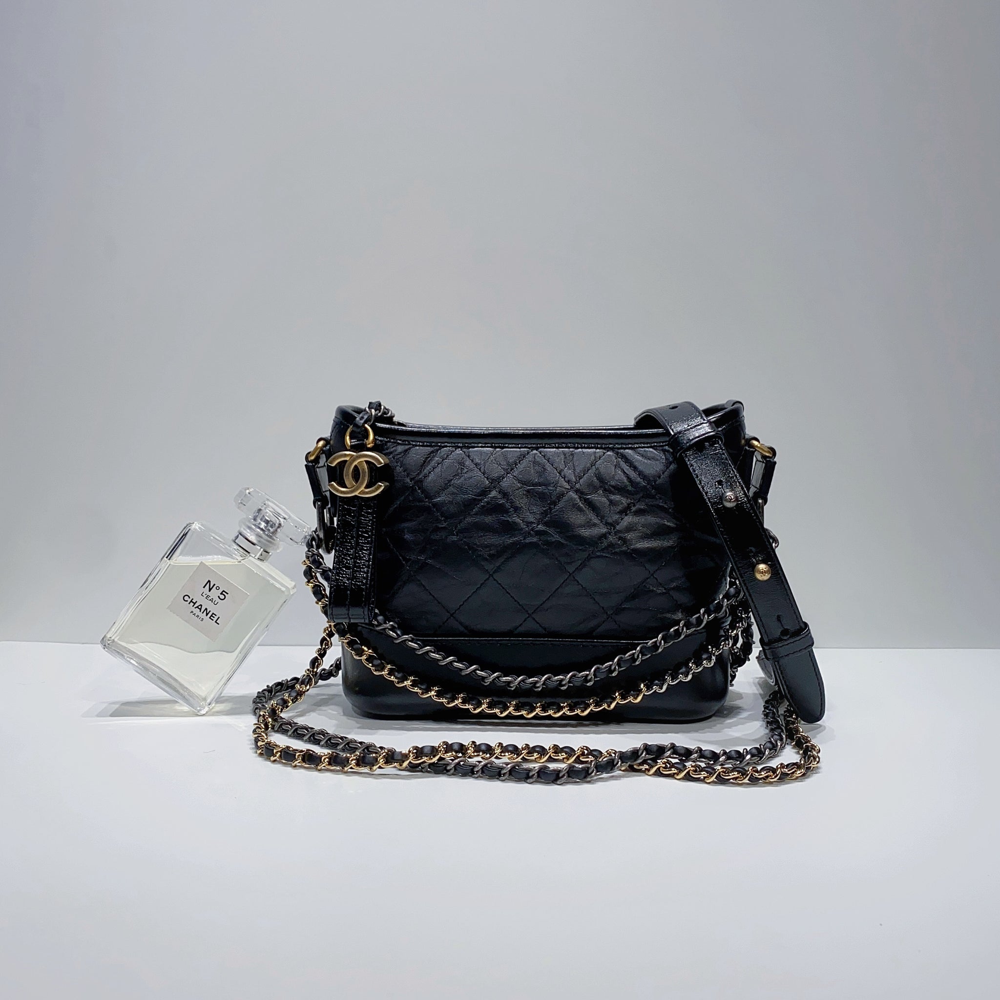 Aged Calfskin Quilted Small Gabrielle Hobo Black GHW
