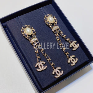 No.3307-Chanel Metal Pearl & Leather Crystal Coco Mark Earrings