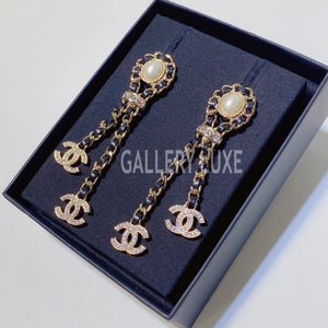 No.3307-Chanel Metal Pearl & Leather Crystal Coco Mark Earrings