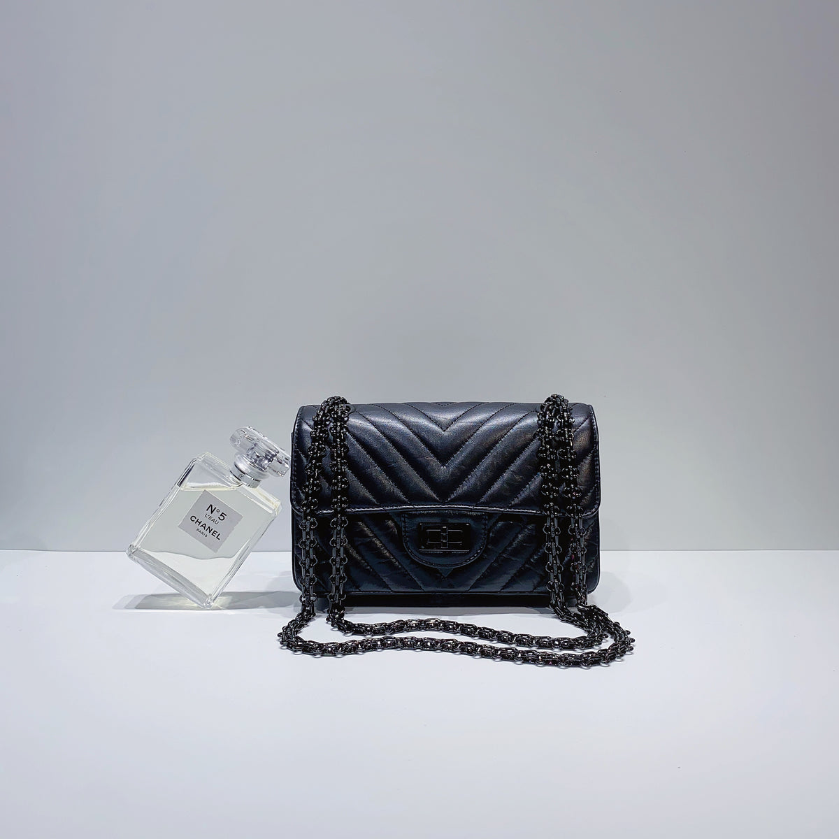 Chanel Mini Reissue 2.55 20A So Black Chevron Calfskin with black hardware