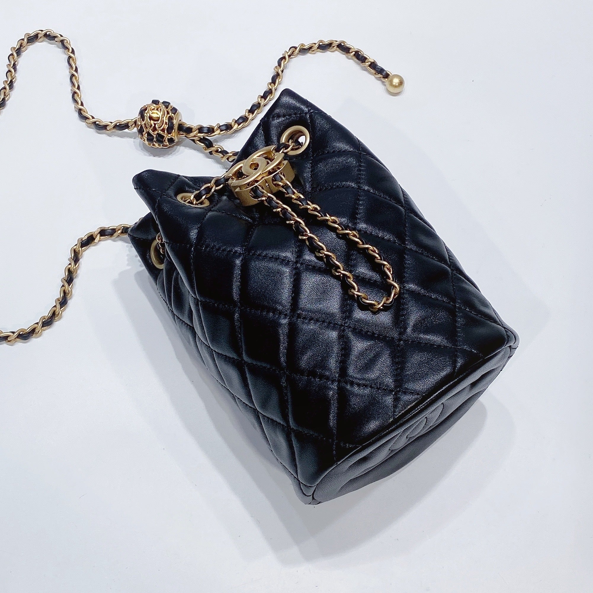 Chanel Black Quilted Lambskin Pearl Crush Drawstring Bucket Bag