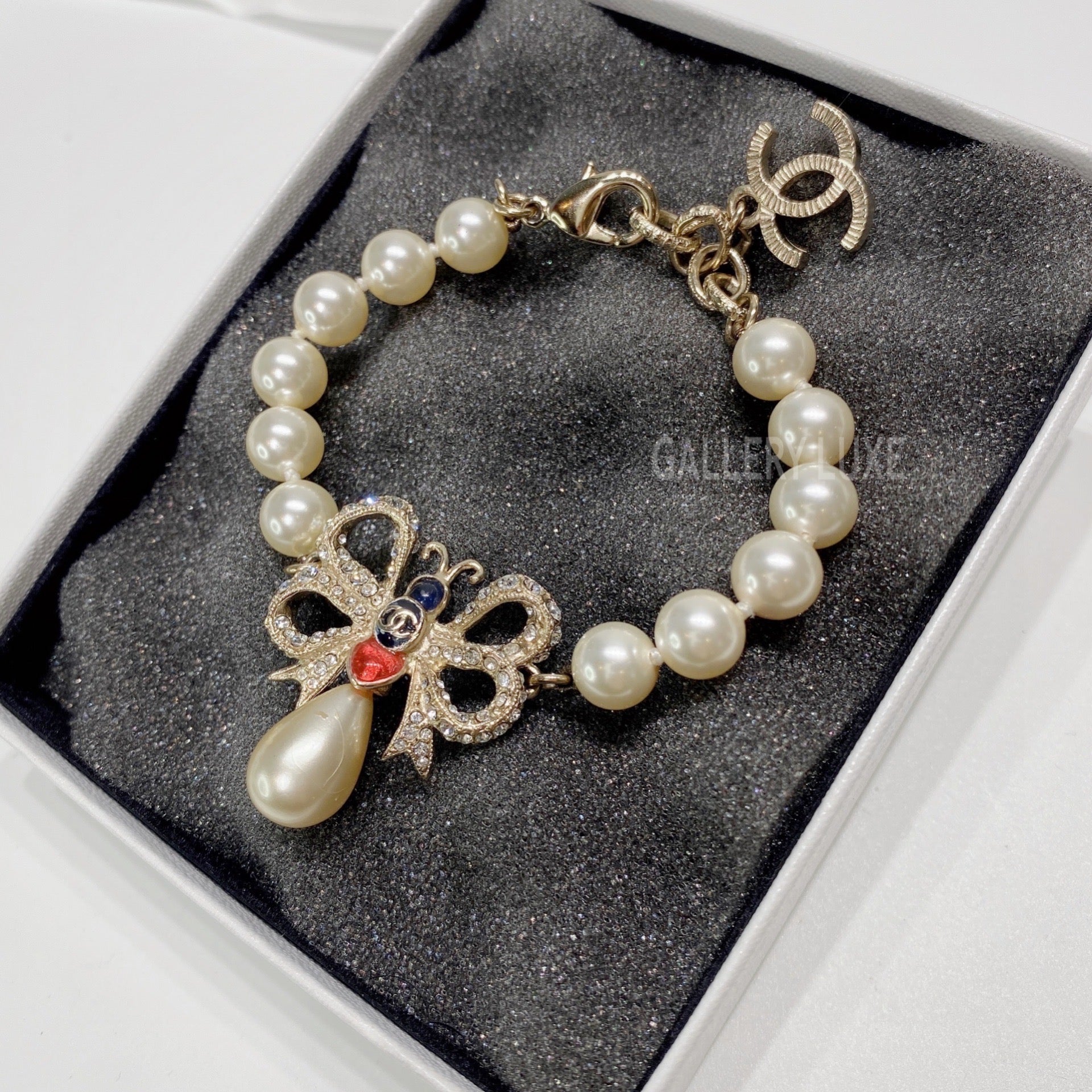 Chanel Gold Tone Crystal Pearl Embellished CC Cuff Bracelet