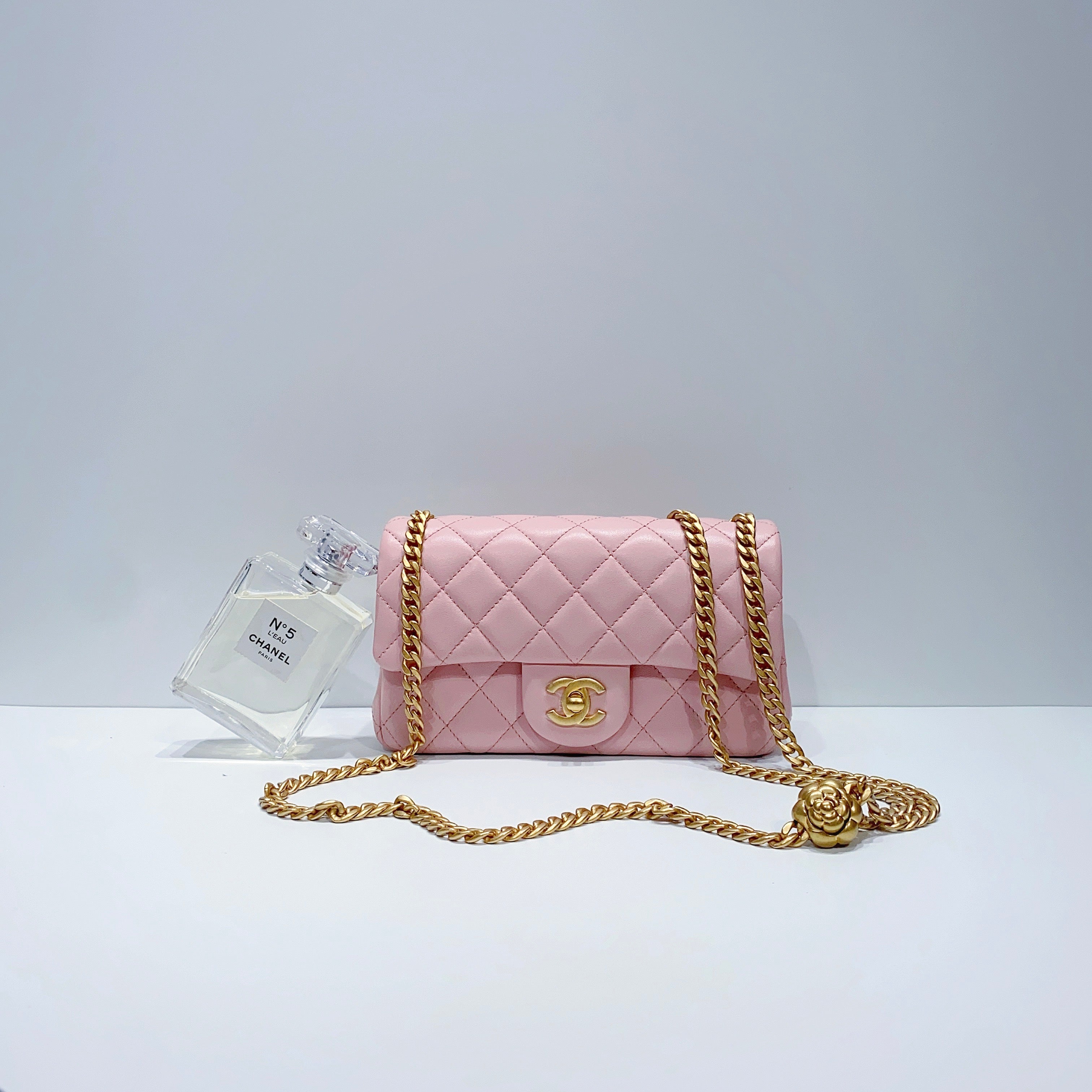 Chanel 23S Mini Square camellia crush, Luxury, Bags & Wallets on