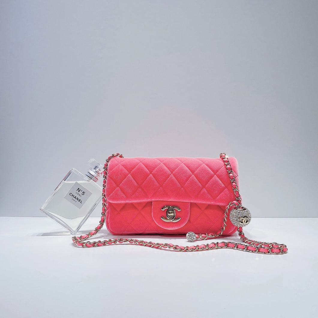 CHANEL Pearl Crush Crystal Ball Mini Rectangular Flap Bag in Coral Velvet