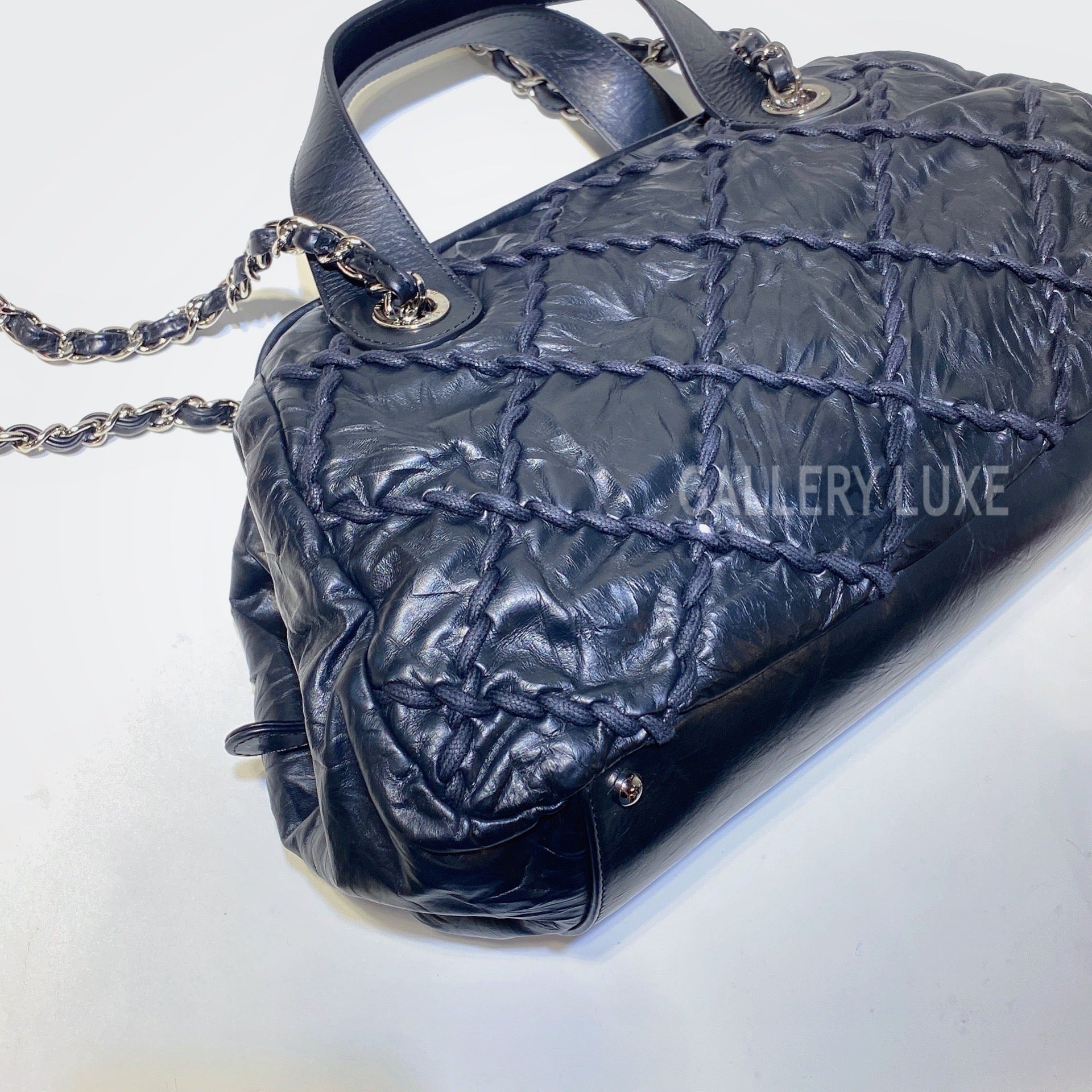 Chanel Blue Nylon Bubble Flap Bag with Tweed Stitching & Silver